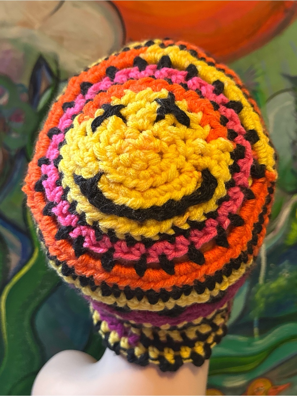 Hand-Crocheted Smiley Beanie Hat in Yellow, Pink & Orange